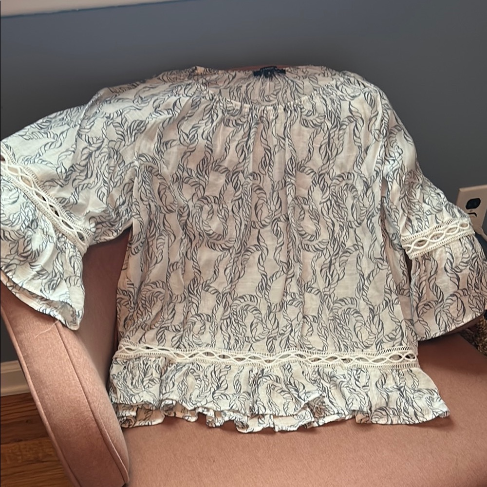 Elegant White and navy blue Patterned Women's Top